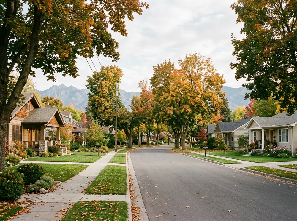 A tree-lined residential street with craftsman-style homes in autumn, typical of established Idaho Falls neighborhoods